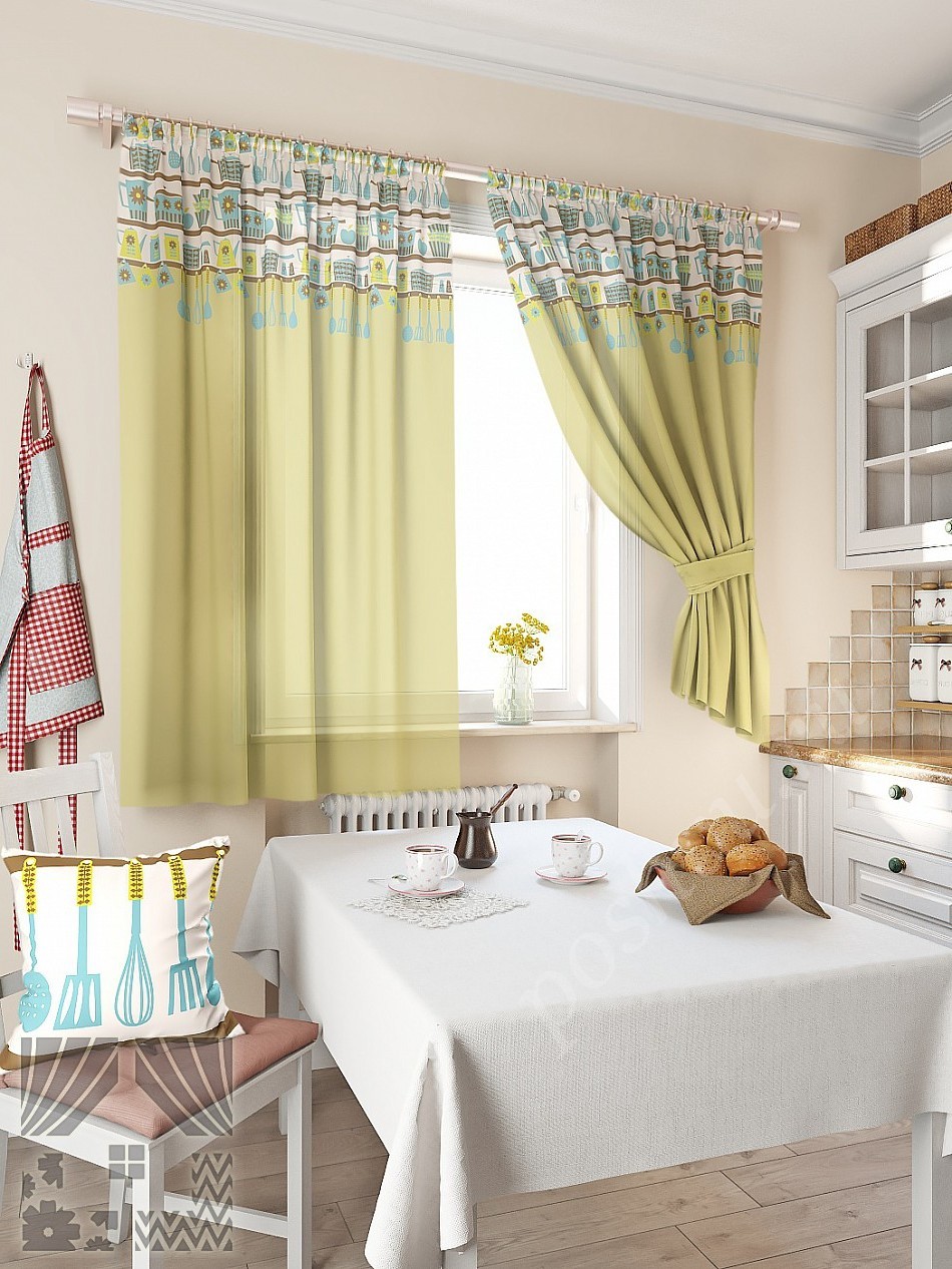 Оригинальный комплект штор для кухни оливкового цвета с принтом на кухонную тематику