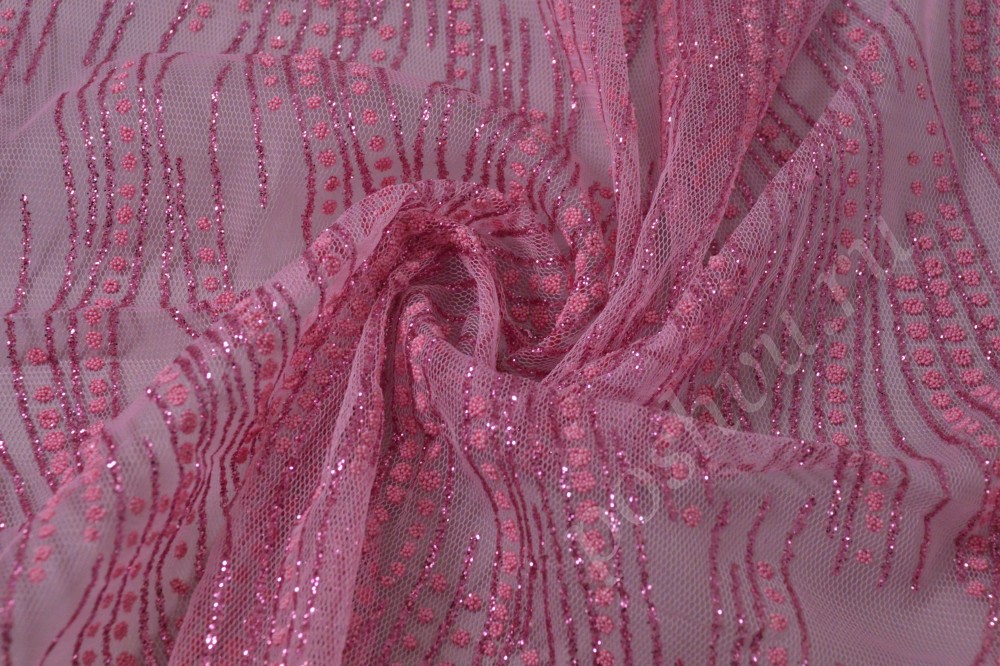 Гипюровая ткань с блестками розовый фламинго