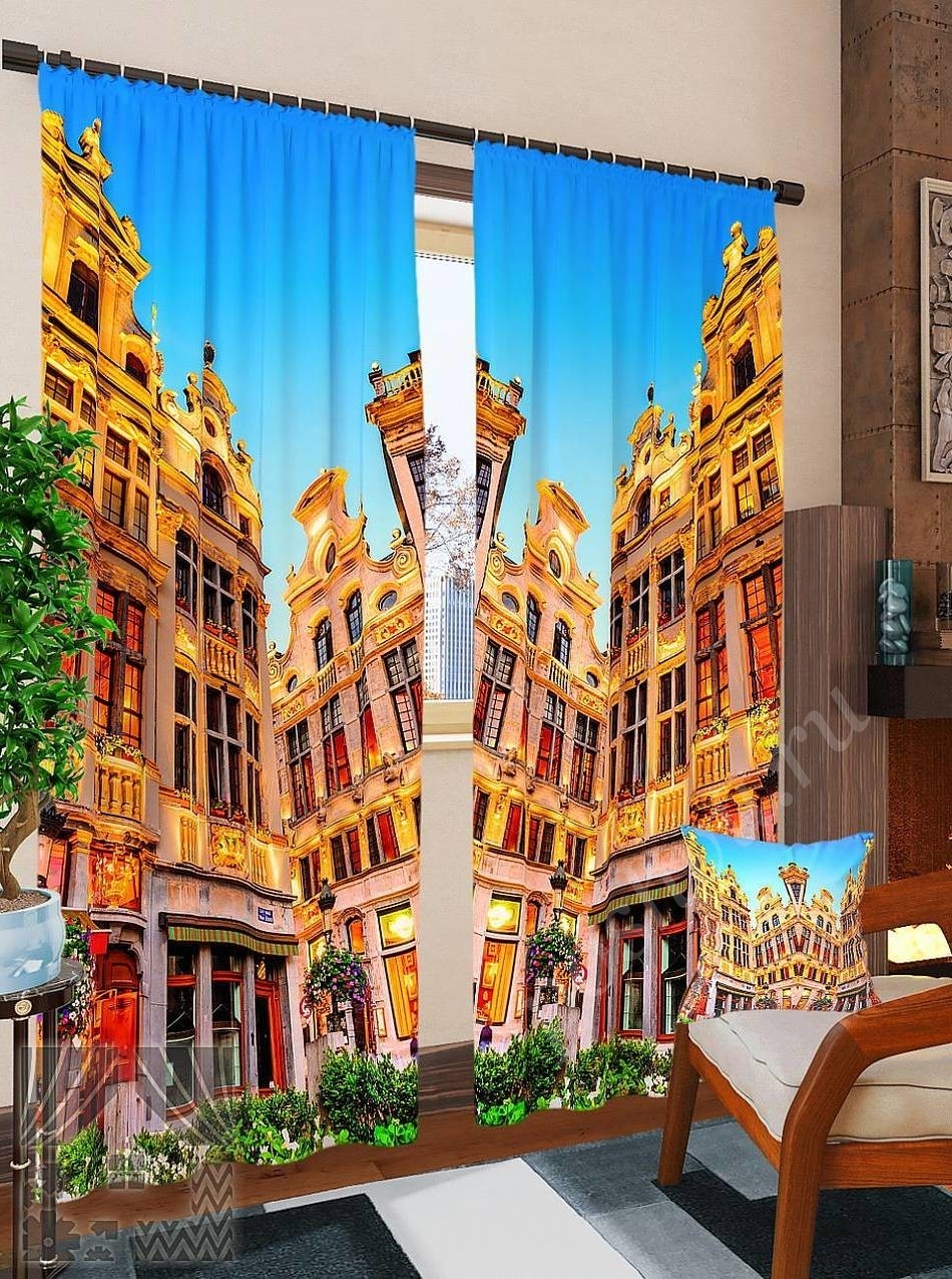 Комплект готовых фото штор с изображением домов на Гран-плас в Брюсселе для гостиной или офиса