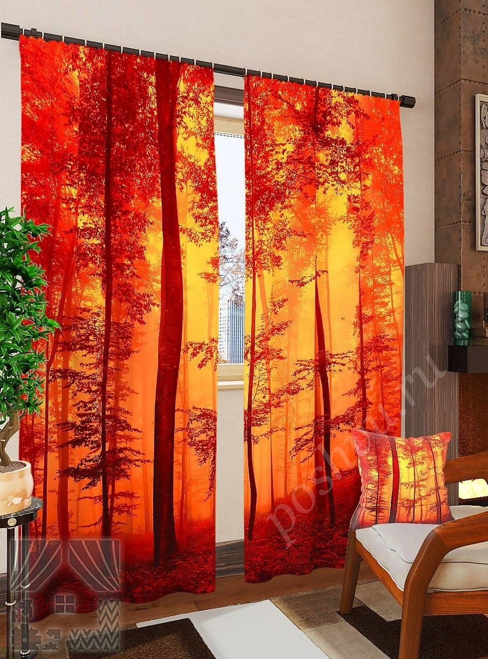 Комплект готовых фото штор с изображением осеннего заката в лесу для гостиной