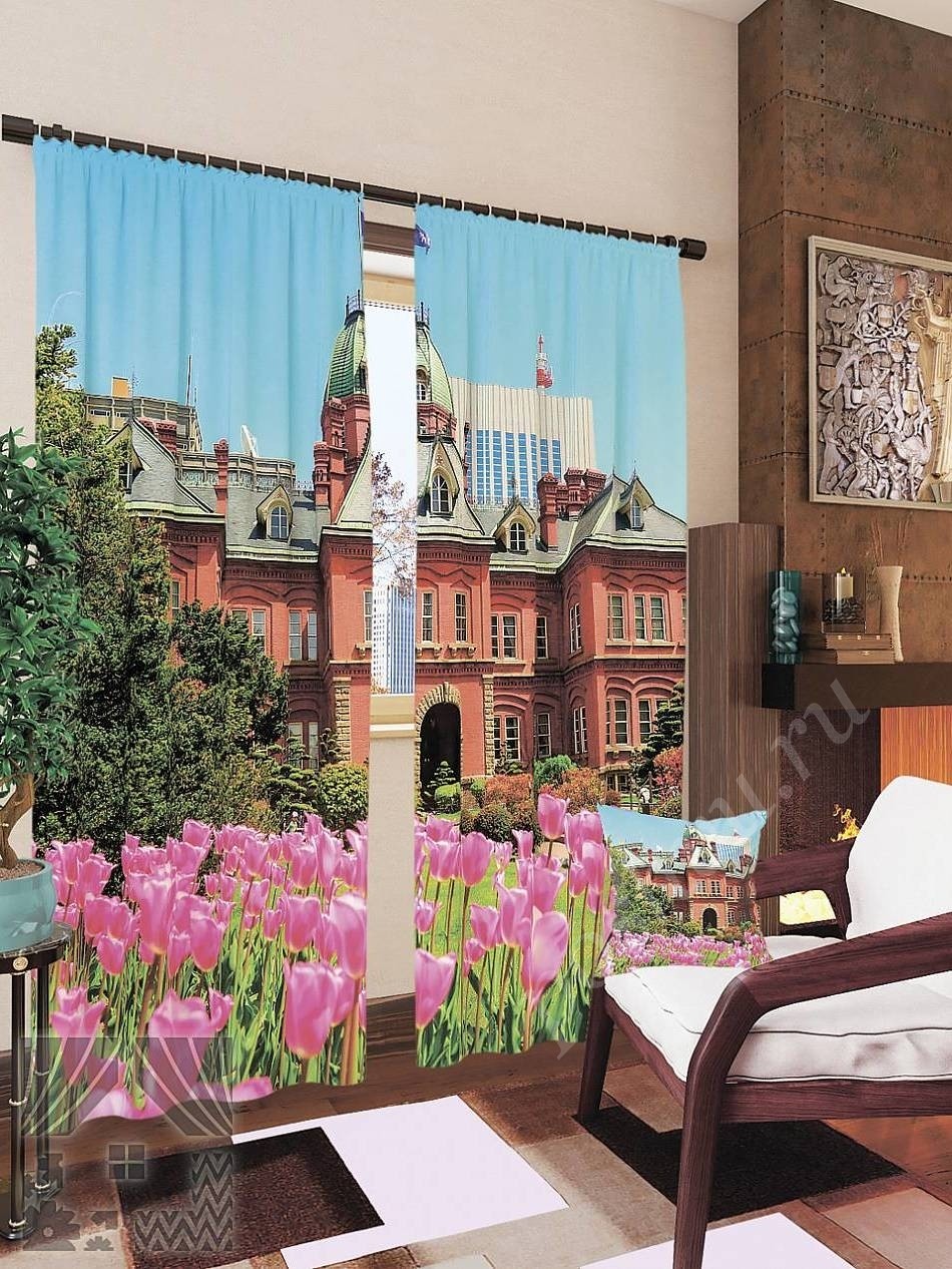 Комплект готовых фото штор с изображением усадьбы и сада для гостиной или спальни