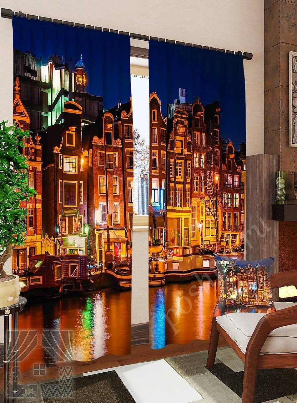Комплект готовых фото штор с изображением канала ночного Амстердама для гостиной или офиса