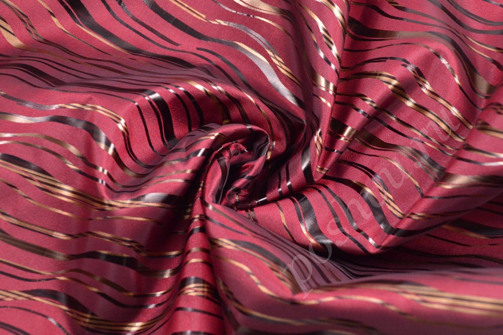 Роскошная ткань атлас-тафта набивная бордового цвета в волнах и полосах коричневых тонов
