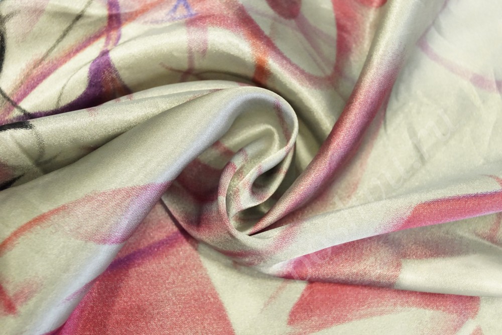 Ткань атлас белого оттенка с розовым рисунком