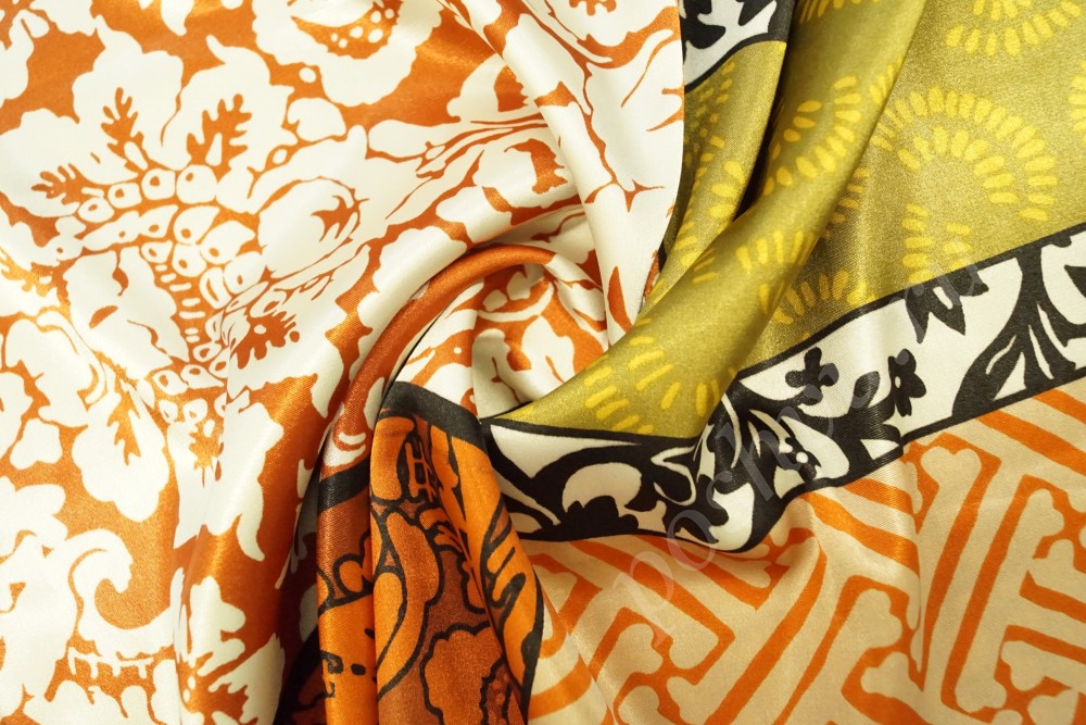 Ткань атлас с разным орнаментом в оранжевом оттенке
