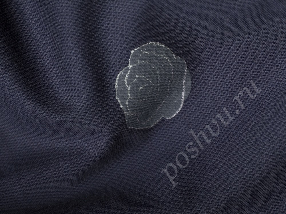 Ткань Хлопок темно-синего оттенка с цветочным серебристым рисунком
