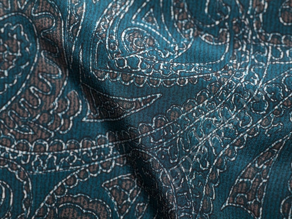 Ткань Шелк синего оттенка в серо-белый принт