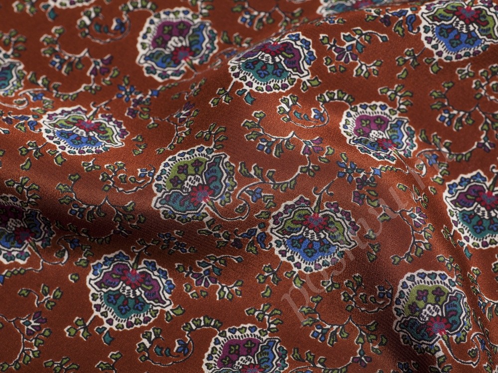 Ткань  Шелк коричневого оттенка в сказочные цветы