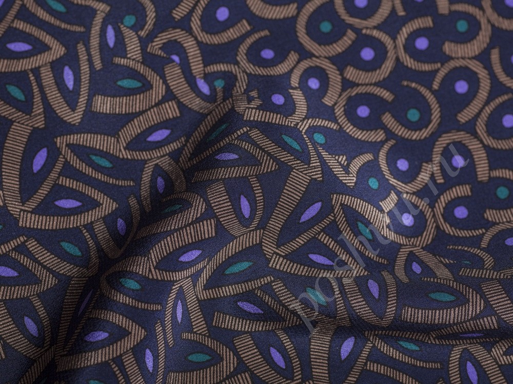 Ткань Шелк темно-синего цвета в необычный принт