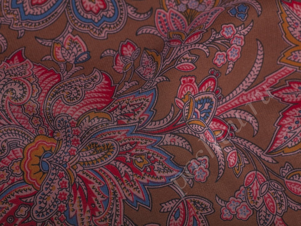 Ткань Шелк коричневого цвета в флористический узор