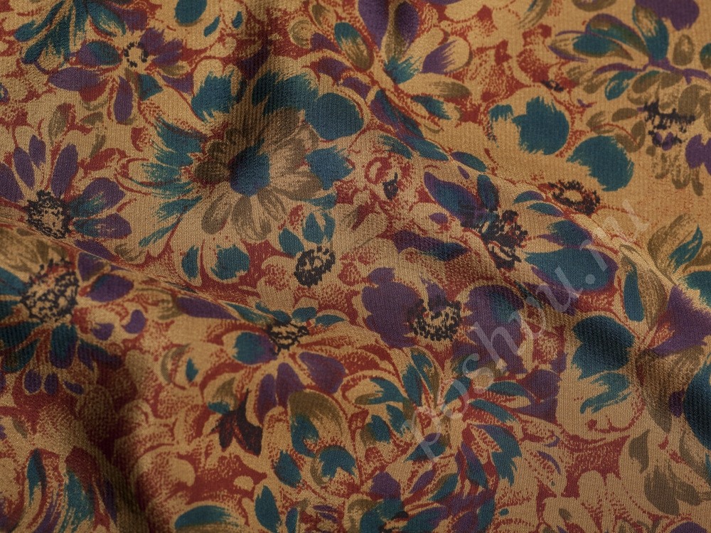 Ткань Шелк коричневого оттенка в цветочный принт