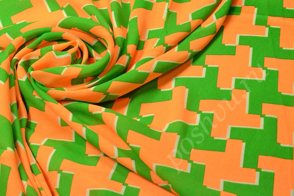 Ткань набивной шифон в оранжево-зеленый рисунок