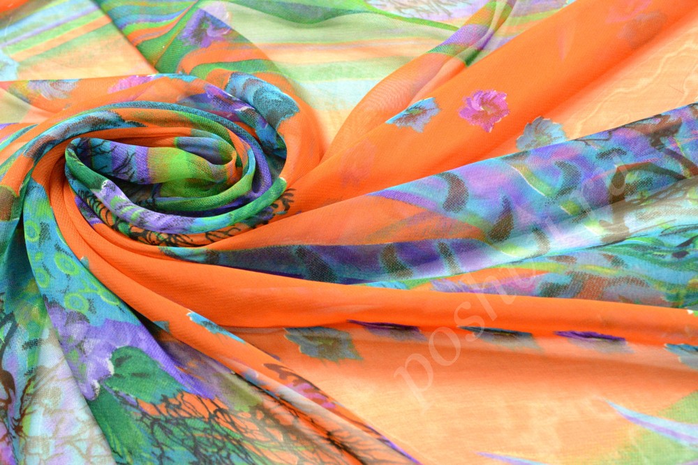 Ткань набивной шифон оранжевого оттенка в цветы и полоску