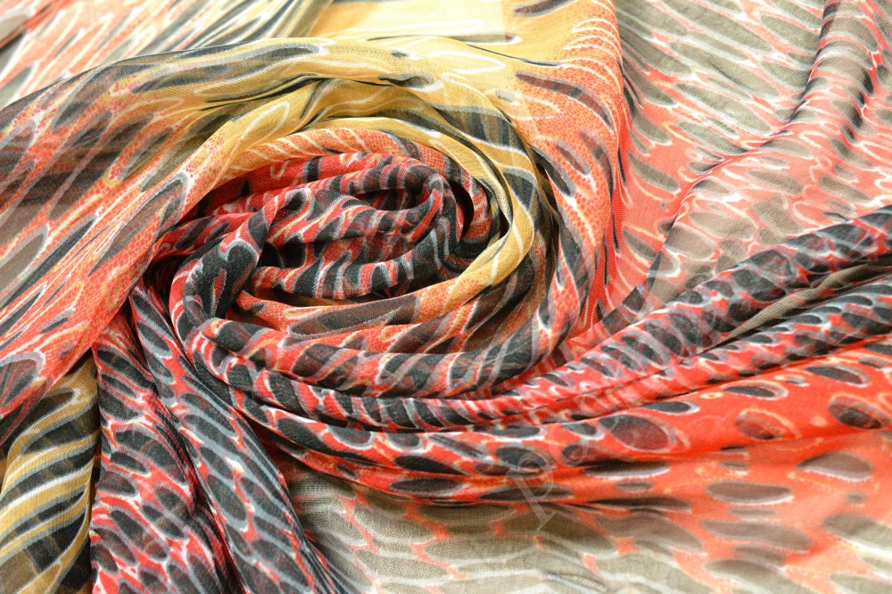 Ткань набивной шифон красно-песочного оттенка с рисунком
