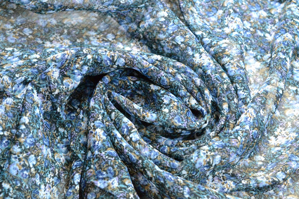 Ткань шифон набивной в сине-голубом оттенке с рисунком