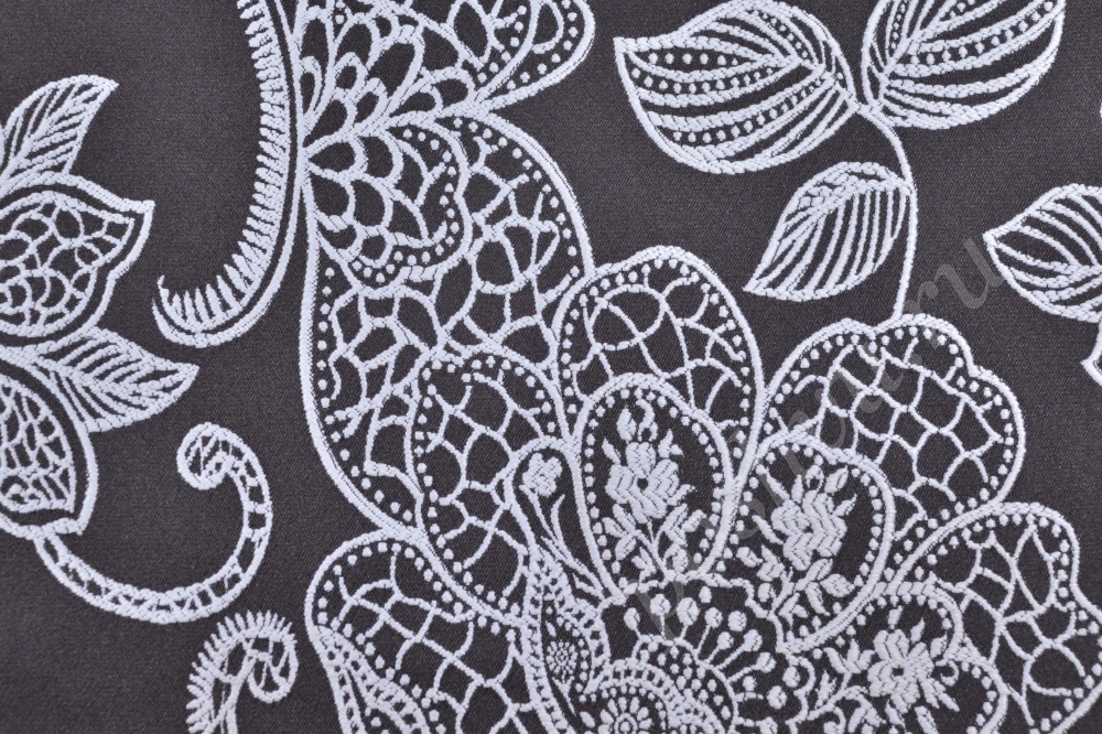 Ткань для мебели кружевной жаккард темного оттенка с  цветами и листьями