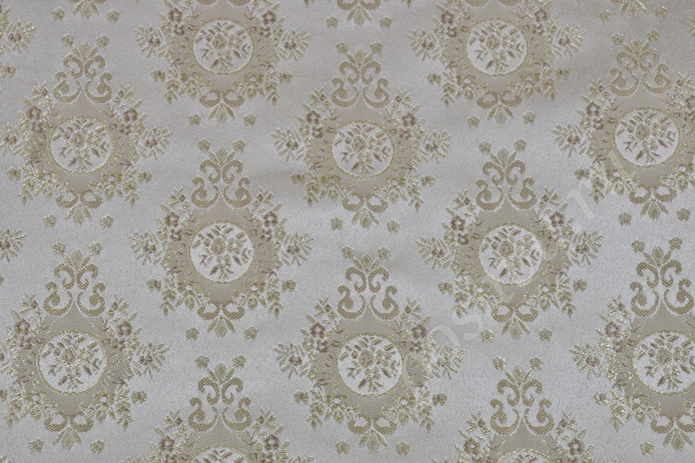 Ткань для мебели жаккард бело-золотистого оттенка с цветочным узором