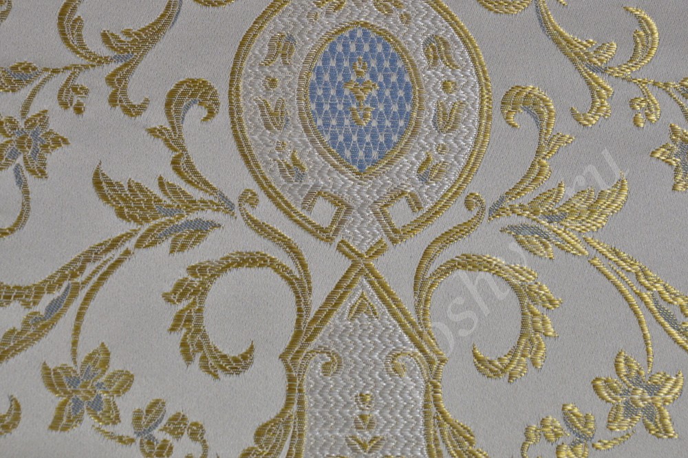 Ткань для мебели жаккард белого оттенка с золотом