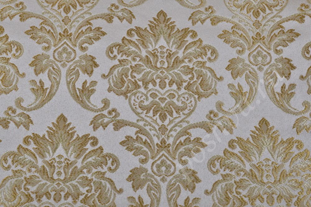 Ткань для мебели жаккард белого  оттенка с золотым узором