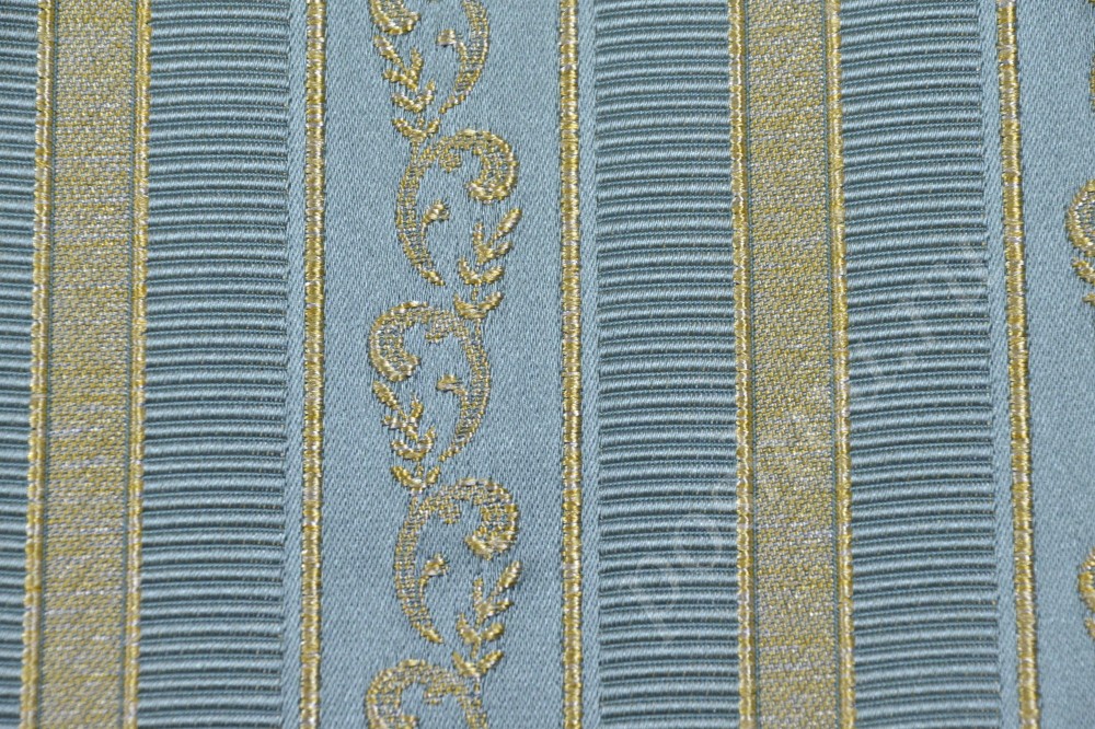 Ткань для мебели жаккард бирюзового цвета с бежевыми полосами