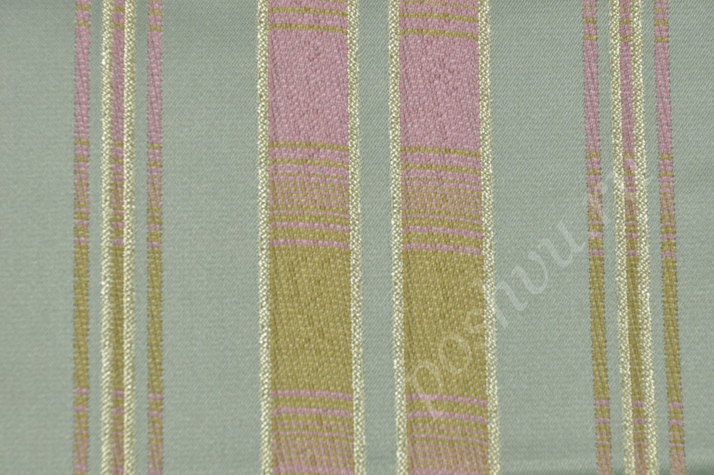 Ткань для мебели жаккард бирюзового оттенка с цветной полоской