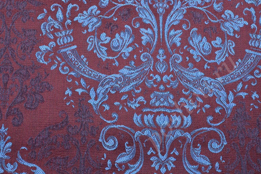 Ткань для мебели жаккард бордового оттенка с голубым орнаментом