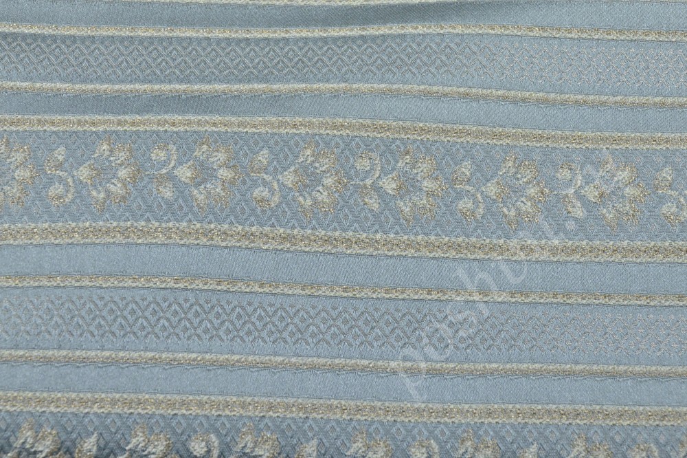 Ткань для мебели жаккард серебристо-синего цвета с полосами