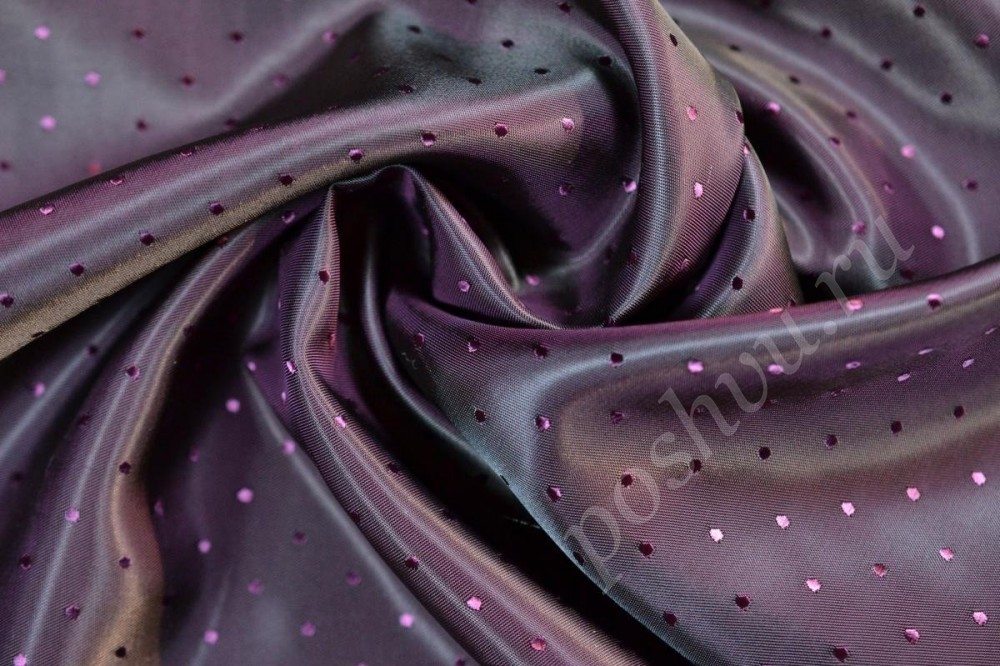 Ткань подкладочная жаккард пурпурного цвета в горох