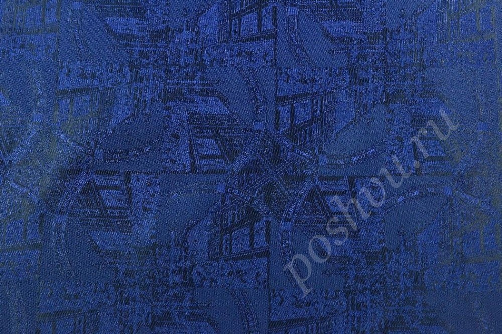 Ткань подкладочная жаккард синего цвета с принтом