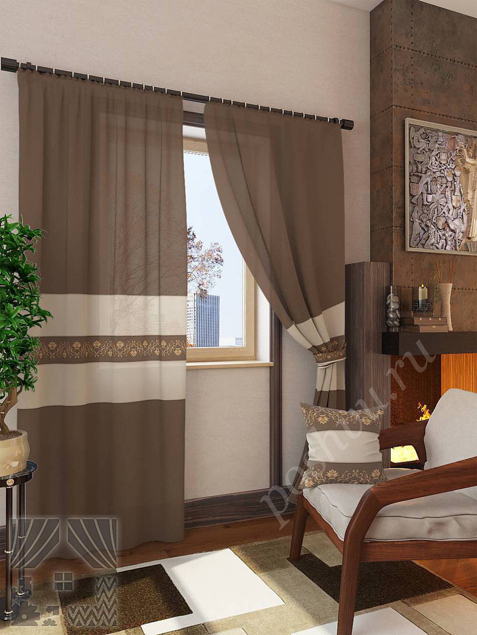 Очаровательный комплект готовых штор коричневого цвета для гостиной