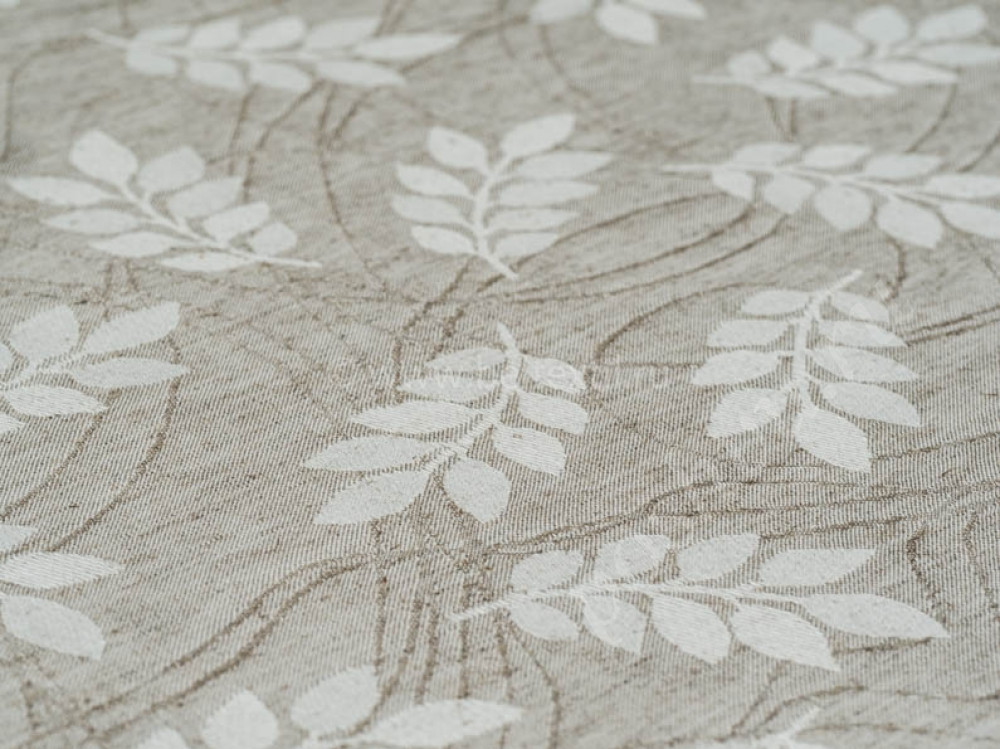 Полульняная жаккардовая декоративная ткань, Листья, с грязеотталкивающаей отделкой