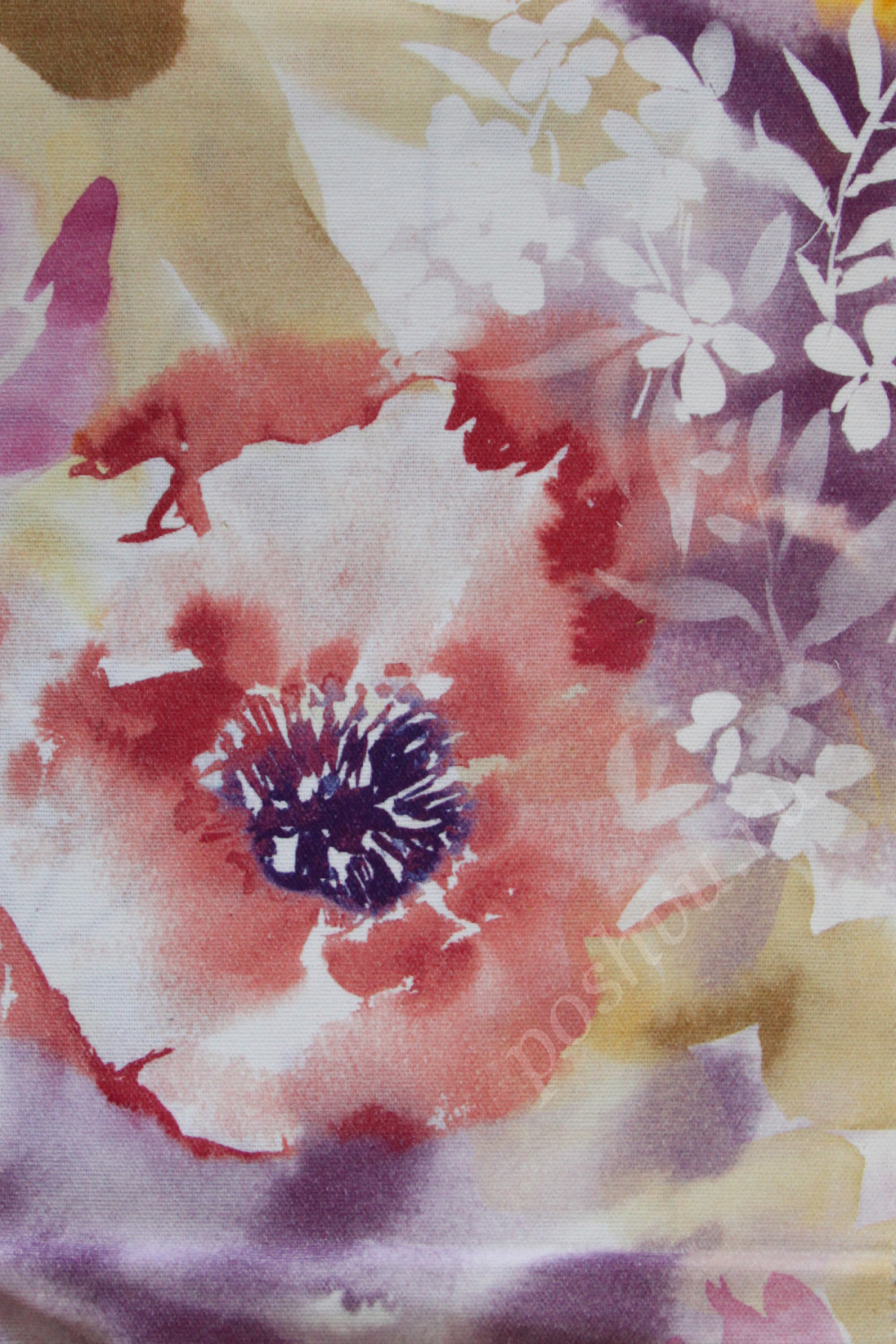 Портьерная ткань рогожка DIVINE цветы в фиолетово-коралловых тонах