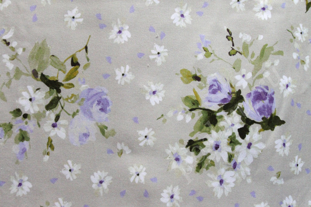 Портьерная ткань рогожка NELLO букетики лиловых цветов на сером фоне
