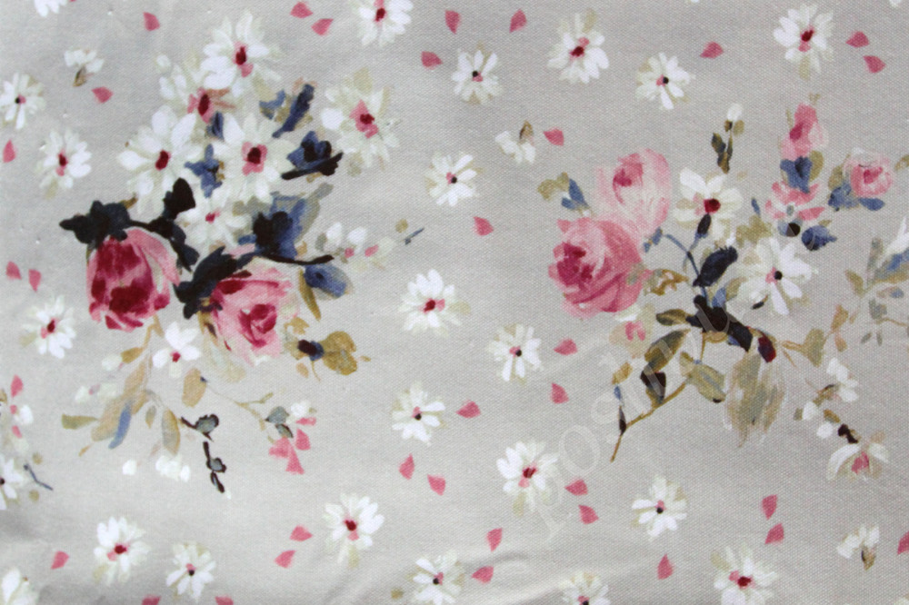 Портьерная ткань рогожка NELLO букетики розовых цветов на сером фоне