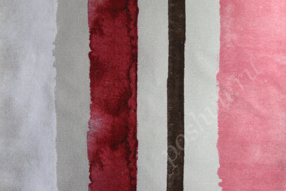 Портьерная ткань рогожка NELLO серо-бордово-розовые полосы