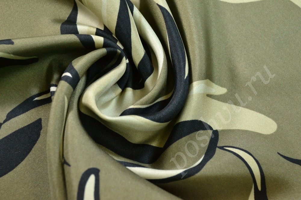Ткань шелк оливкового оттенка в абстрактные цветы