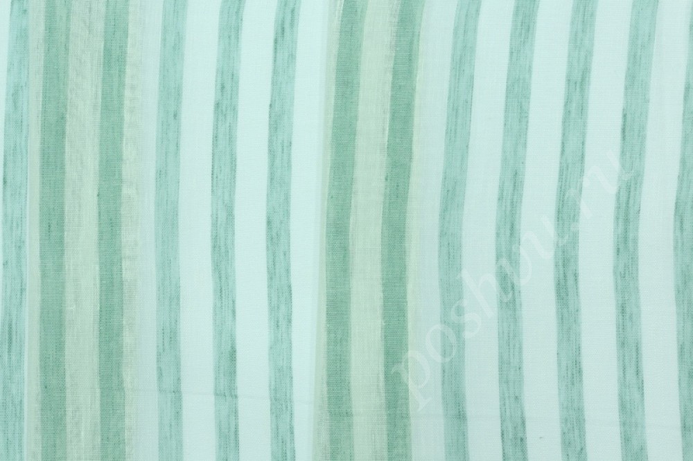 Льняная суровая декоративная ткань в зеленую полоску