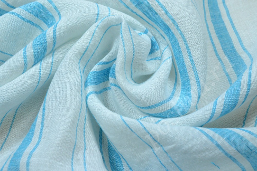 Ткань лен белого оттенка в голубую полоску