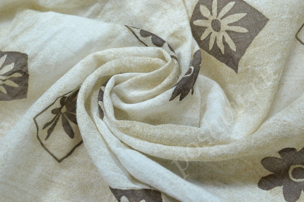 Ткань лен белого оттенка с серыми цветами