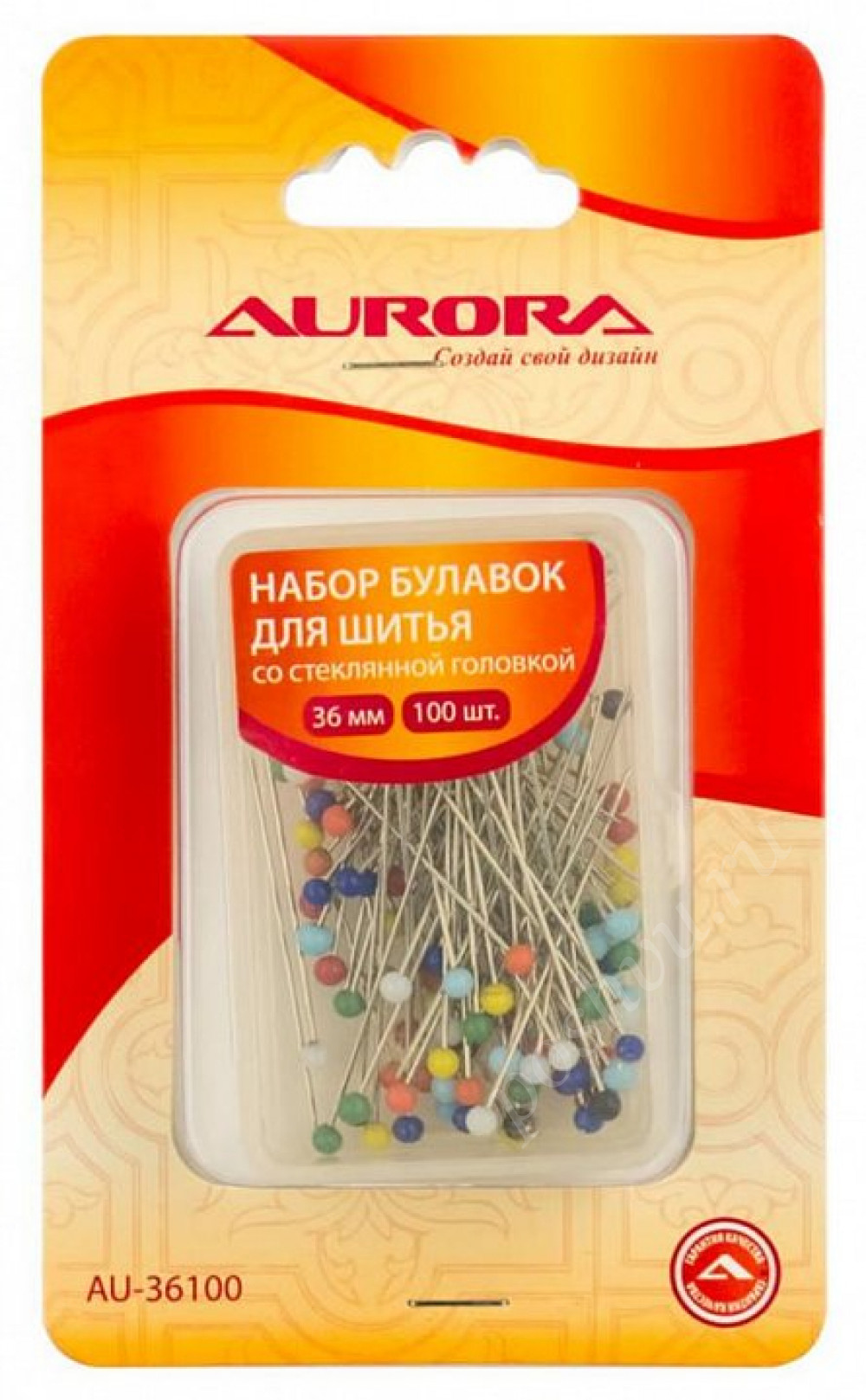 Набор булавок для шитья Aurora со стеклянной головкой, 36мм, 100шт/уп