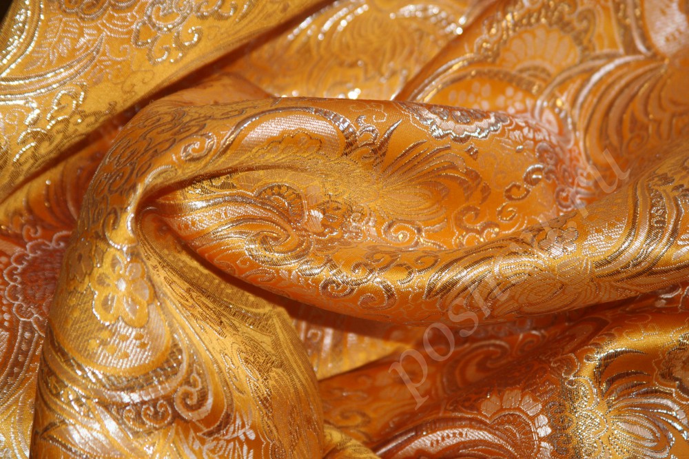 Ткань эффектная золотистая парча с оригинальным орнаментом