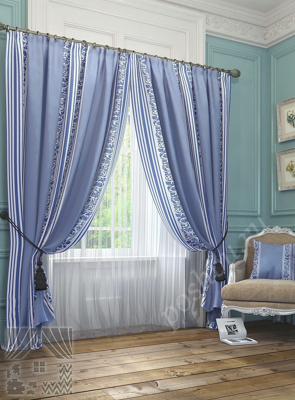 Шикарный комплект голубых штор с классическим орнаментом и тюлем в комплекте