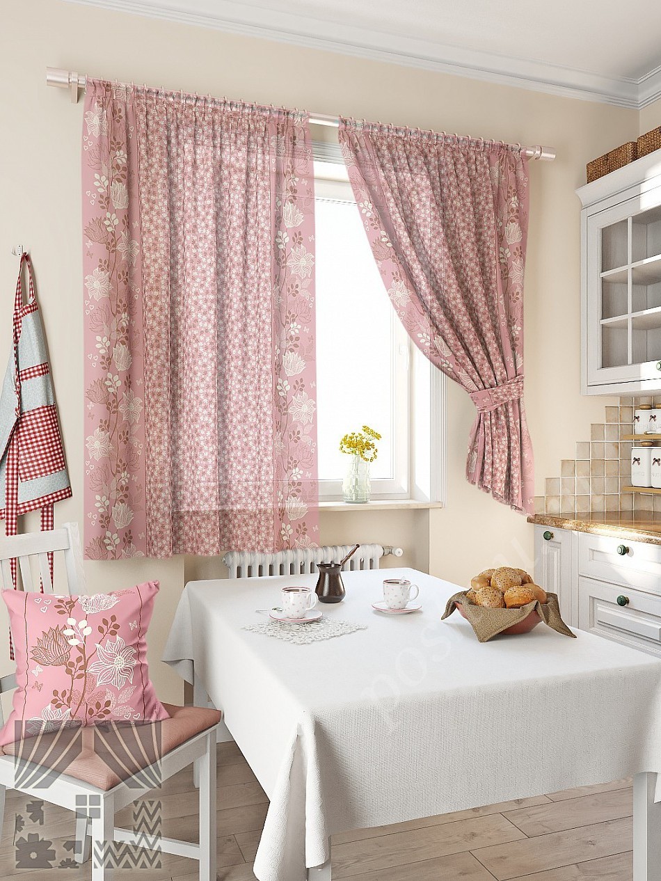Романтичный комплект штор для кухни с нежным цветочным рисунком