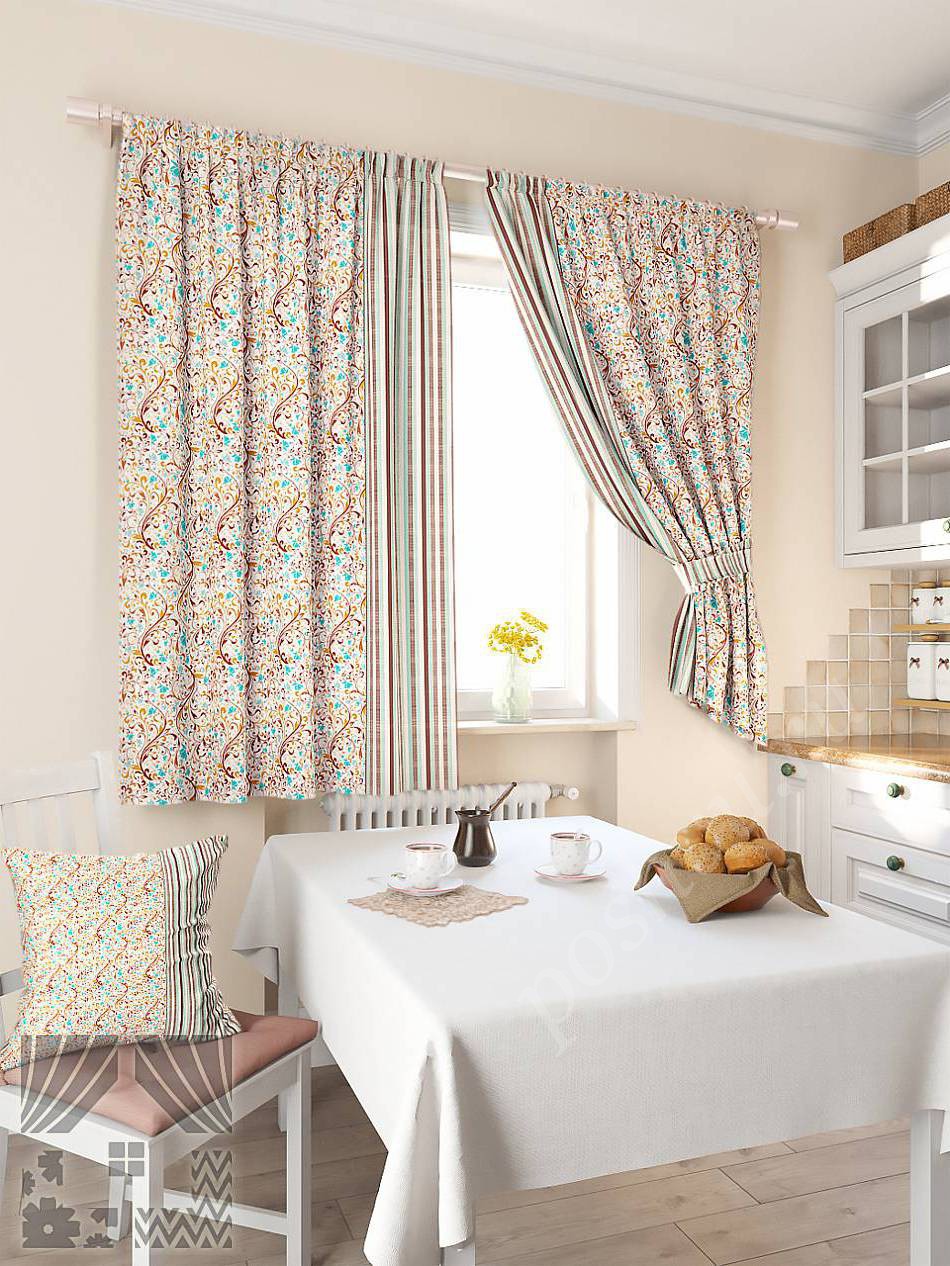 Красочный комплект готовых штор с фантазийным узором в пастельных тонах для кухни