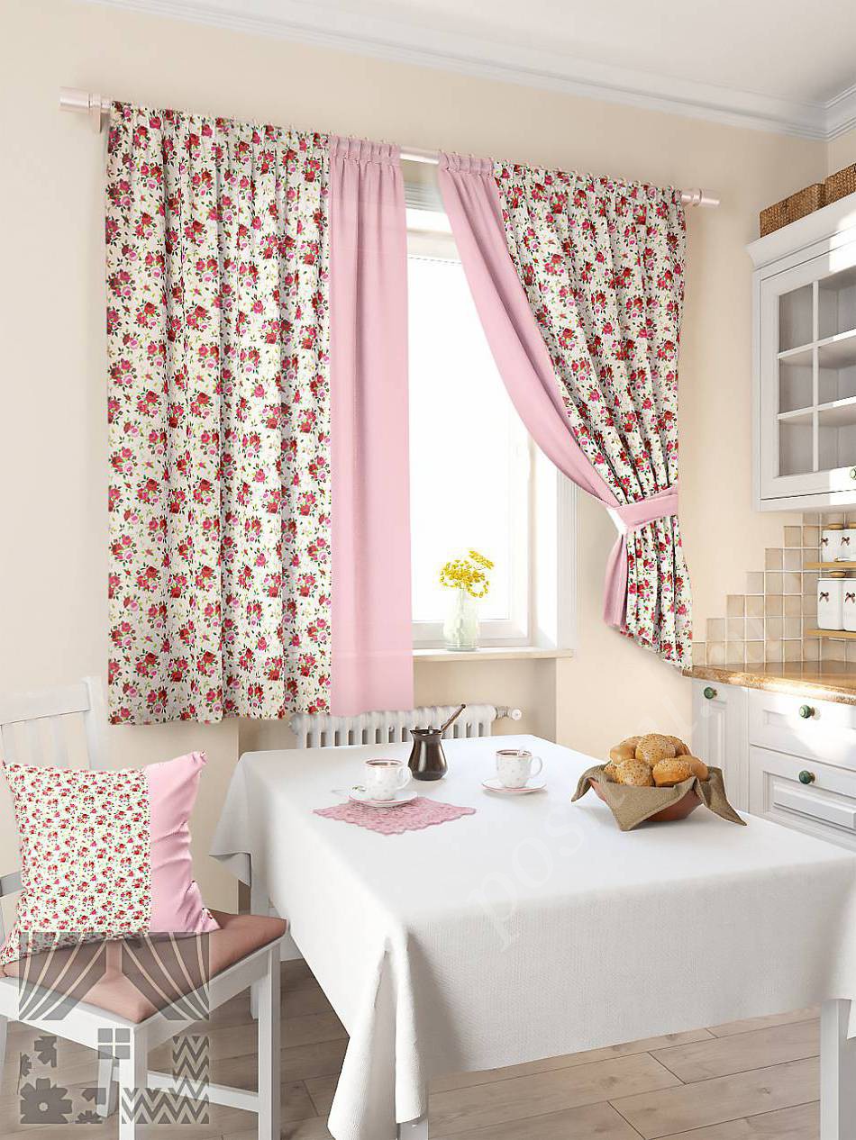 Романтичный комплект готовых штор с цветочным рисунком и розовой отделкой для кухни