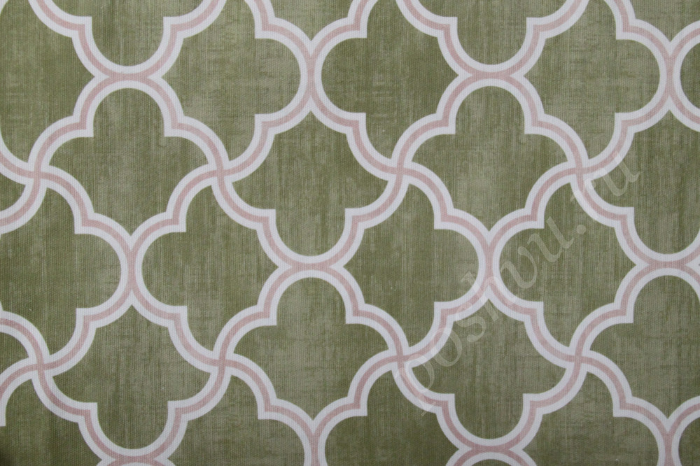 Портьерная ткань рогожка ALSTON бело-розовый геометрический узор на зеленом фоне