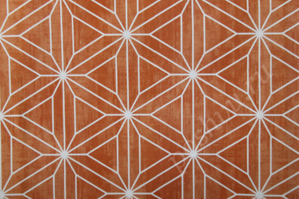 Портьерная ткань рогожка ALSTON белый геометрический узор на оранжевом фоне