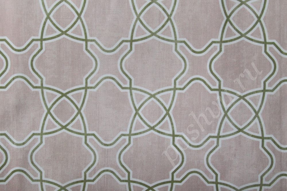 Портьерная ткань рогожка ALSTON зеленый геометрический рисунок на серо-розовом фоне