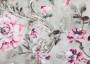 Портьерная ткань рогожка REGENCY крупные розовые цветы с вензелями на сером фоне