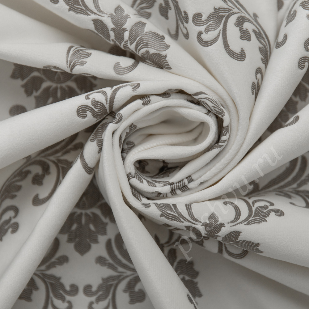Портьерная ткань бархат FONTANA печатный дамасский узор на белом фоне, выс.300см